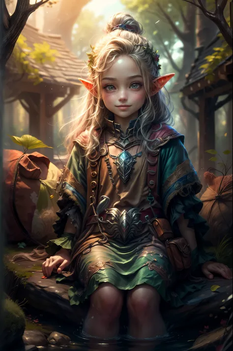 (Full focus: 1.5), (Full body: 1.5), (Stand with feet together: 1.2), (Fantasy forest elf child with pale green skin and shiny light brown hair dynamic pose, smiling and dreamy sitting on a rock:1.3), cinematic lighting, shine, ((tracing of sun rays passin...