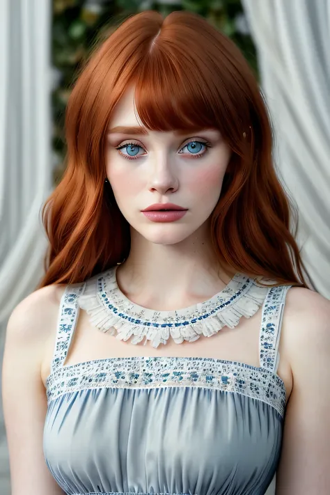 beautiful 18yo american supermodel, bryce dallas howard, flowered dress, looking at viewer, slender figure,  chanel short redhead, dark blue eyes, detailed face, realistic eyes, detailed eyes, facing straight at camera, fujifilm xt3