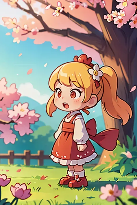 Doll standing in front of the painting、blonde、Yawning face、Rococo、(high definition figures)、Flowing cherry colored silk、cherry blossom petals、Flowing cherry blossom silk、Taken from the side、Bokeh effect strong、season!!: 🌸 ☀ 🍂 ❄