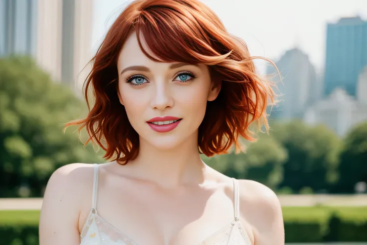 Masterpiece, (Bryce Dallas Howard: 0.5), shy, cute, playful smile, high detail face, high detail skin, flowered dress, (high detail eyes:1.3), short hair, red hair, (small breasts:1.2), (strong athletic body), city park background, (UHD, 8K wallpaper, High...