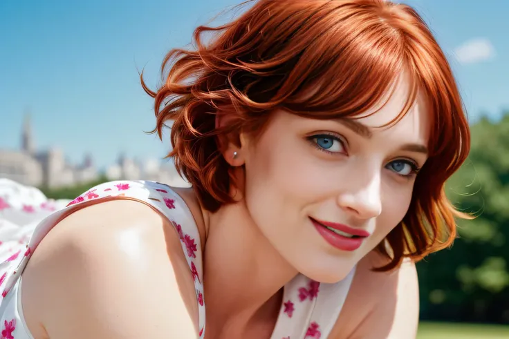 Masterpiece, (Bryce Dallas Howard: 0.5), shy, cute, playful smile, high detail face, high detail skin, flowered dress, (high detail eyes:1.3), short hair, red hair, (small breasts:1.2), (strong athletic body), city park background, (UHD, 8K wallpaper, High...