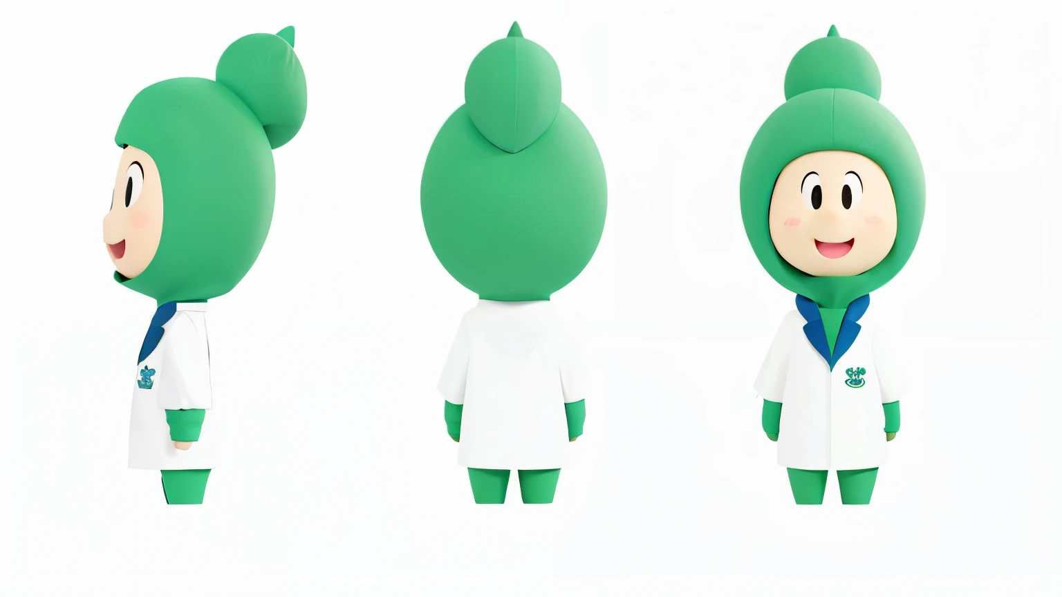 mascot，3d，Three View，cute，wearing green clothes，Wearing a green hood，8k，c4d，high resolution，HD，White background，