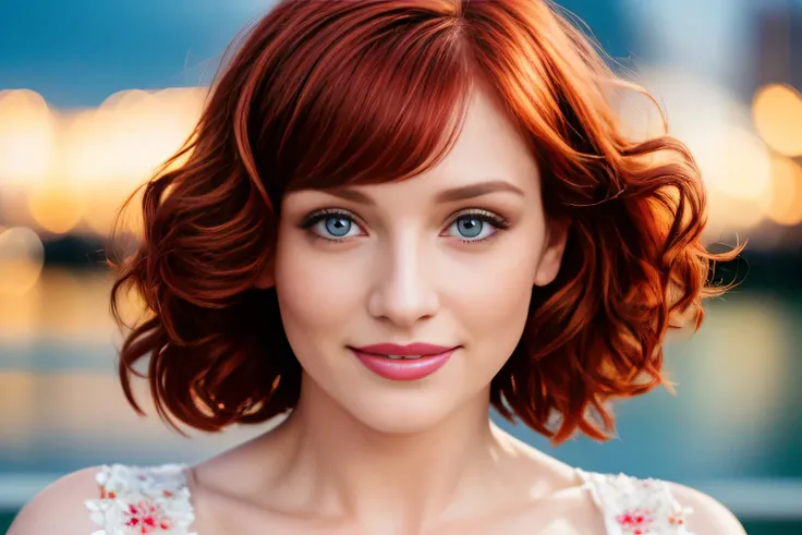 Masterpiece, (Bryce Dallas Howard: 0.5), shy, cute, playful smile, high detail face, high detail skin, flowered dress, (high detail eyes:1.3), short hair, red hair, (small breasts:1.2), (strong athletic body), city park background, (UHD, 8K wallpaper, High...