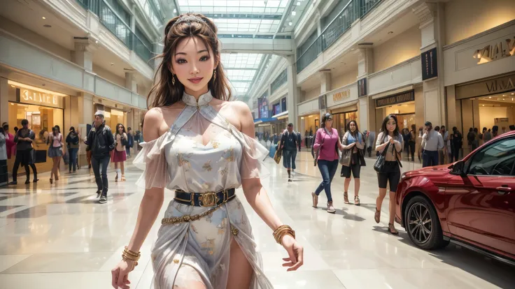 (best quality,4k,8k,highres,masterpiece:1.2),ultra-detailed, college girl shopping in a mall, strutting her stuff, smiling and l...