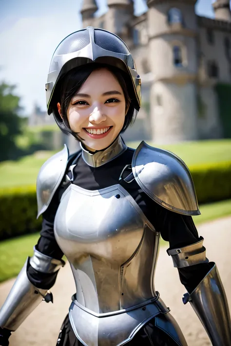 highest quality、４Ｋ、The background is a castle、slender body shape、female knight、black hair、smile、beautiful teeth、hairstyle short cut、full body photo、luxurious silver armor、holding a helmet
