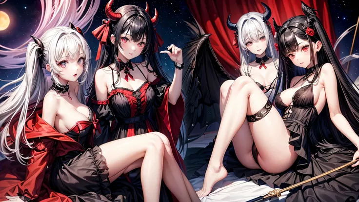 very cute devil and angel、16 year old girl(2 people)、black hair almost blue、red eyes、(Breast size according to age)、standing position、full body shot、black gorgeous dress、not wearing panties、background starry sky、Red Moon、