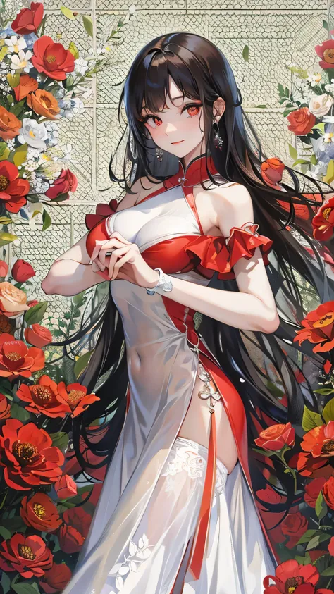 perfect anatomy, masterpiece:1.4, best quality, 8k, beautiful detailed grow, daydreaming expression, (Fashion show style) (in a Elegant and beautiful red dress) (solo straight black hair long hair femdom cute girl, 17 yo, detailed sexy red eyes, sexy smile...