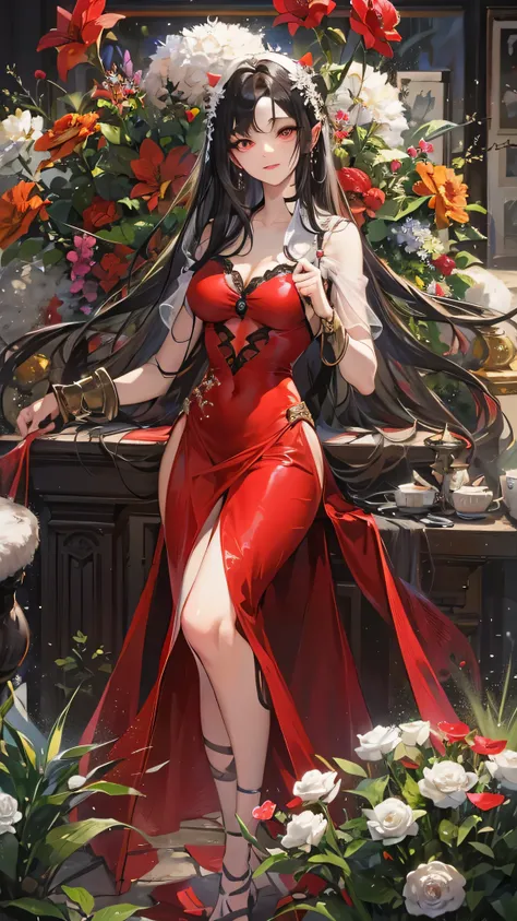 perfect anatomy, masterpiece:1.4, best quality, 8k, beautiful detailed grow, daydreaming expression, (Fashion show style) (in a Elegant and beautiful red dress) (solo straight black hair long hair femdom cute girl, 17 yo, detailed sexy red eyes, sexy smile...