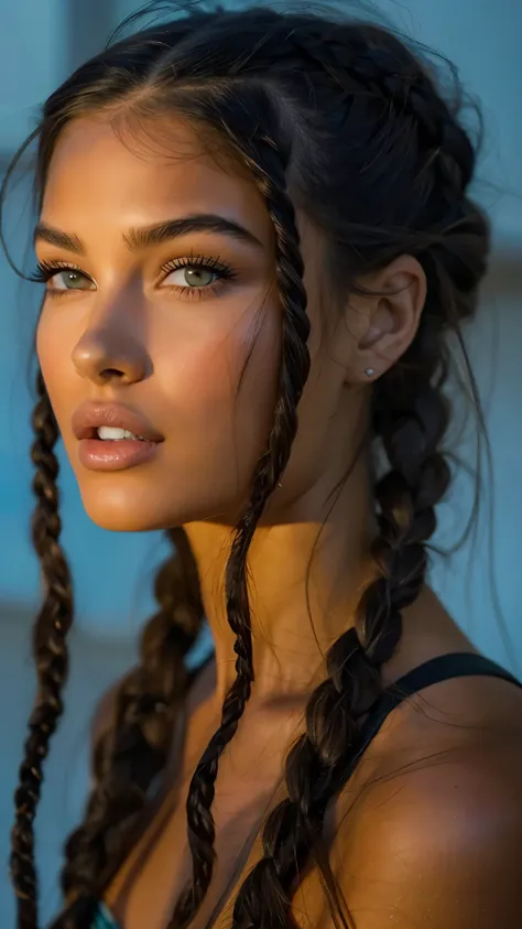 un primer plano de una mujer con cabello largo y trenzas, woman with braided brown hair, hermosa cara, extremely hermoso rostro,...