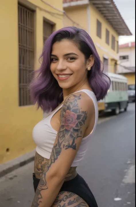 fotografia de rua de duas ovem com cabelo roxo, Sorriso, feliz, sem camiseta tatuagem sobre os seios , tattoos on arms, sentado em uma lanchonete dos anos 50 