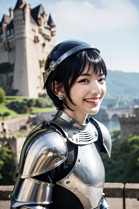 highest quality、４Ｋ、The background is a castle、slender body shape、female knight、black hair、smile、beautiful teeth、hairstyle short cut、ear piercing、full body photo、luxurious silver armor、holding a helmet

