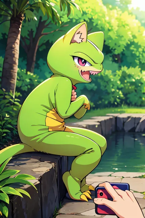 anime、A  wearing a deformed lizard costume、cute pose、Taking a photo from the side、laughter