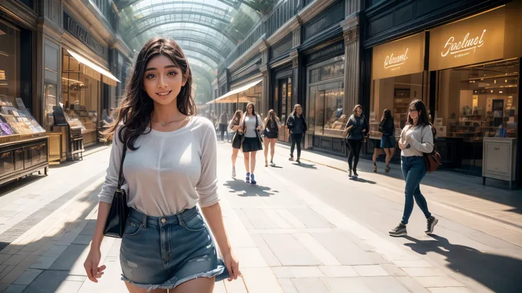 (best quality,4k,8k,highres,masterpiece:1.2),ultra-detailed, College Girl shopping in a mall, strutting her stuff, Smiling and laughing, Flirting with the viewer, HDR, 8k, absurdres, cinestill 800, sharp focus, add_detail:3 (solo woman) VioletMyers