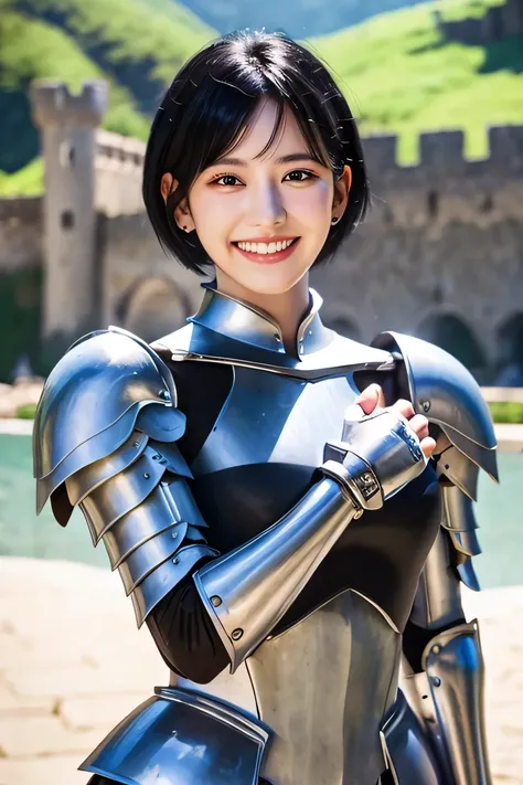 highest quality、４Ｋ、The background is a castle、slender body shape、female knight、black hair、smile、beautiful teeth、hairstyle short cut、ear piercing、full body photo、luxurious silver armor、