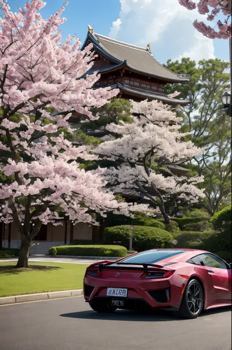 masterpiece, best quality, High detail texture, Soft lightning, Shrine, Sakura tree, Black nissan NSX car, Parking lot, 1 car