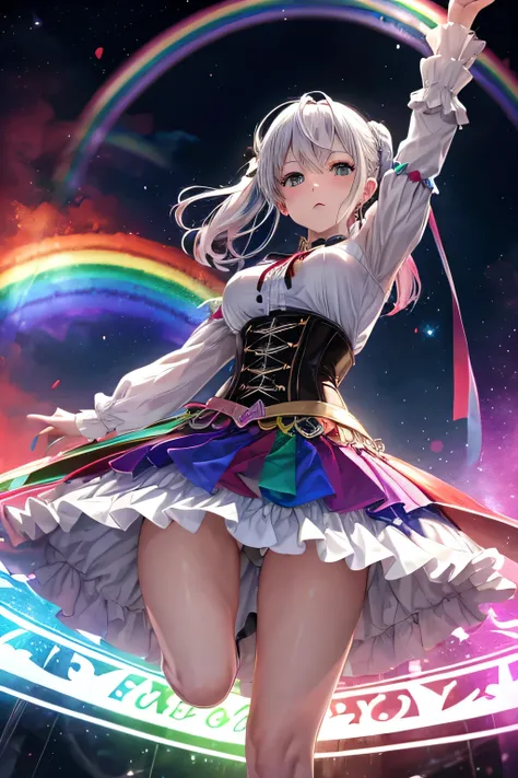 (((raise right arm)))、(((Rainbow-colored)))corset、Rainbow-coloredのミニスカート、Panty shot、Beautiful Girl Magician、silver hair up style、((whole body))、(((photo taken from below)))、magic circle、The background is night