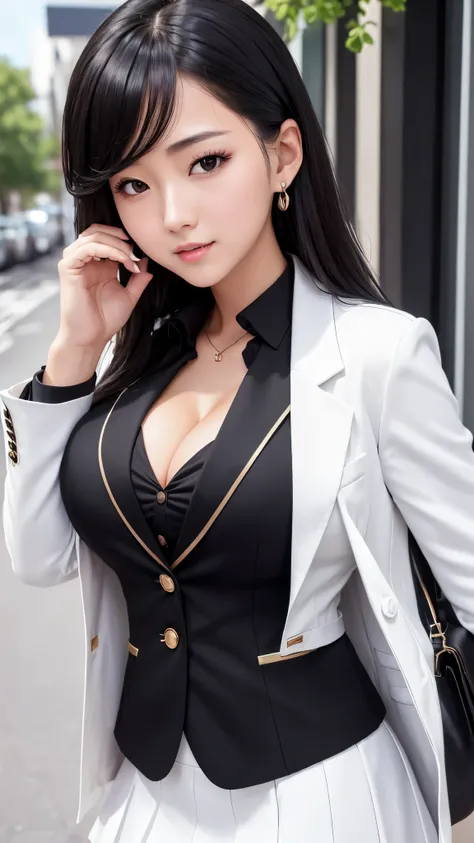 ((high quality)), ((8k), (detailed face), (highlight), female、cleavage、black hair、white skirt、blazer、