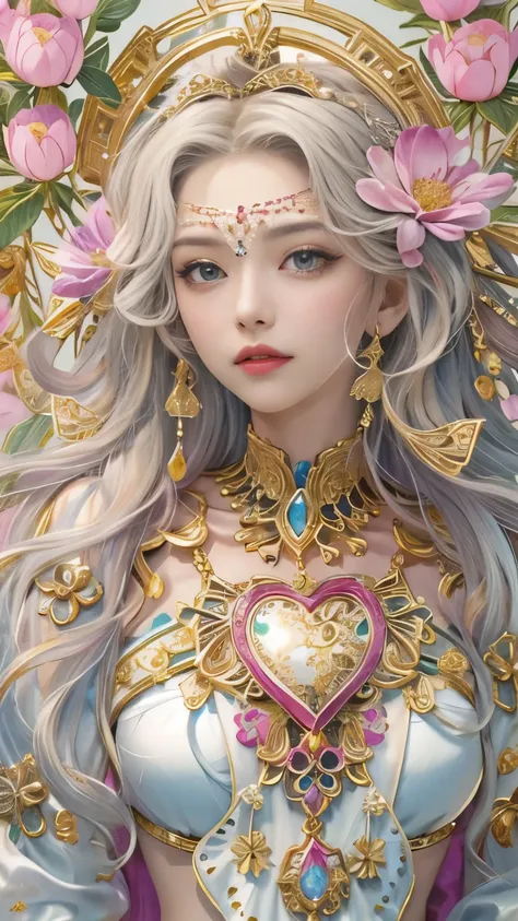 (table top, highest qualityの, highest quality, official art, beautiful and aesthetic:1.2), (1 fantasy girl), very detailed, gorgeous jewelry,face is close, shapeless long hair, (fractal art:1.3),colorful,best details.expressed in the shape of a heart、heart...