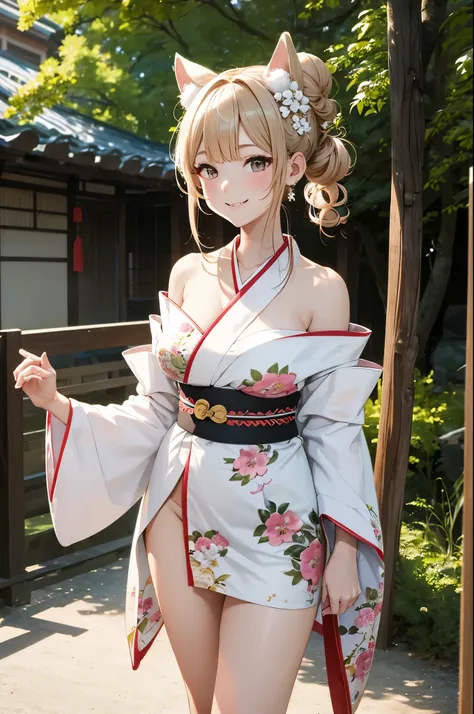 masterpiece,best quality,highres,bbbotan,ahoge,hair bun,double bun,sidelocks,animal ears,hair ornament,ear piercing,large breasts,off shoulder,japanese clothes,fur-trimmed kimono,white kimono,floral print,wide sleeves,obi,sash,skirt,standing,outdoors,cowbo...