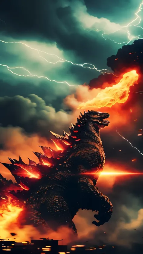 best quality, super fine, 16k, Godzilla is at the limit of destruction, emitting a purple and pale aura, a broken city, explosive flames, and smoke, blend art, mixture art, fractal art, art design, motion-blur, action-lines, speed-lines, wind, wind-effect