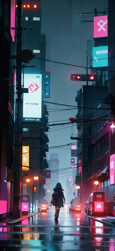 nighttime city scene with a person walking in the rain, in a futuristic cyberpunk city, futuristic city street, in cyberpunk city, cyberpunk city street, futuristic street, hyper realistic cyberpunk city, sci-fi cyberpunk city street, rainy cyberpunk city,...