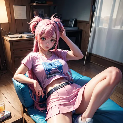 "(best quality,highres,masterpiece:1.2),ultra-detailed,(realistic,photorealistic,photo-realistic:1.37),professional,colorful,studio lighting,painted" "pokemon trainer with pink hair, fitted white Up skirt, without underwear, blue t-shirt"