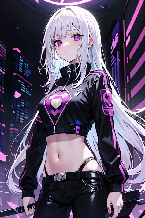 Mujer con cabello blanco y ojos de color morado con una espada de color morado en la espalda, una sudadera oscura con detalles morados, con una falda de color negra, in the background a dark city with little lighting, all cyberpunk style, estilo anime en l...