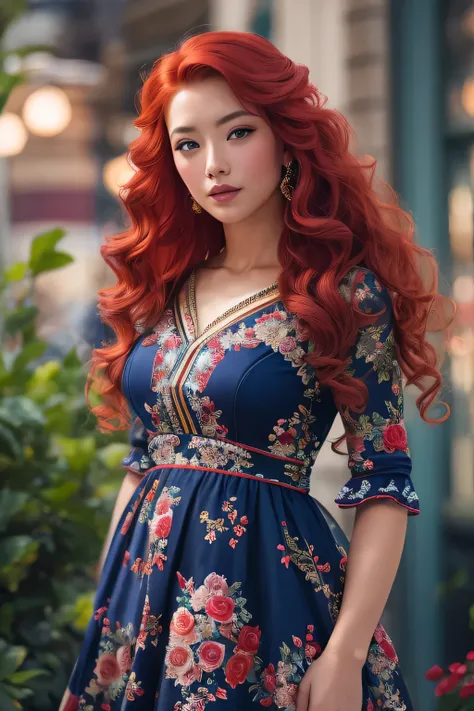 Beautiful redhead girl with dark blue and shor chanel hair (Extra long wavy red tresses), ((Portrait)), ((Detailed face:1.2)), ((detailed facial features)), (finely detailed skin), fair complexion, ,posing elegantly on flower shop, Radiating confidence, (F...