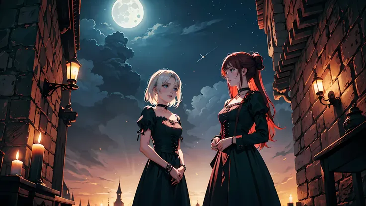 Three 21 year old witches, red hair, black hair, white hair, choker collar, bracelets, long dresses, standing, gothic castle, dungeon,  night, nighttime, moon, moonlight, candles, candlelight, dramatic lighting, cinematic lighting, 