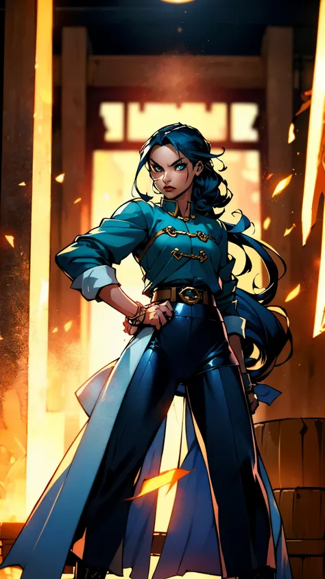 ((A young woman with flowing long dark blue hair, long side part bangs covering the right side of her face, sharp upward-arched thick eyebrows, large expressive eyes, a delicate oval face, a sensual wide mouth, a mocking expression, a fantasy martial arts-...