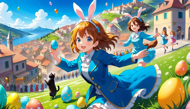 anime style, detailed illustration, Masterpiece, top quality, super-detailed illustrations, Easter illustration, festival, Easter eggs, multiple girls, parky, young, throwing eggs, happy, northern Italian townscape, detailed background, land of depth, blue...