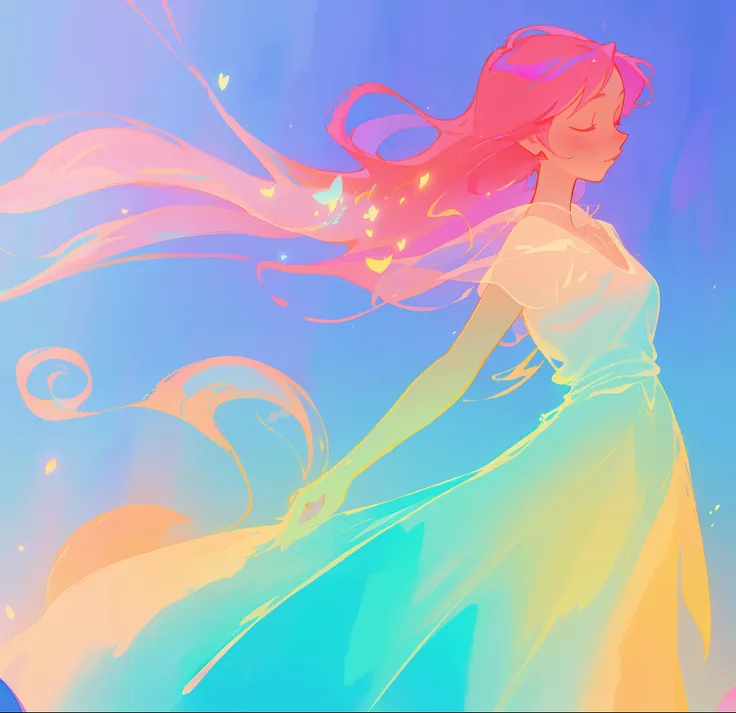 beautiful girl in flowing multi-color gradient dress, long flowing colorful pink hair, watercolor illustration, inspired by glen...