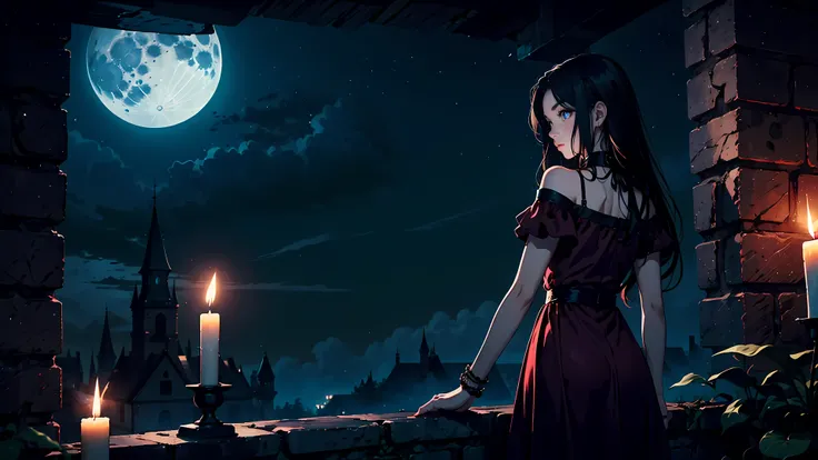 ((1girl)), long black hair, choker collar, bracelets, long red dress, standing, cowboy shot, gothic castle, night, nighttime, moon, moonlight, candles, candlelight, dramatic lighting, cinematic lighting, 