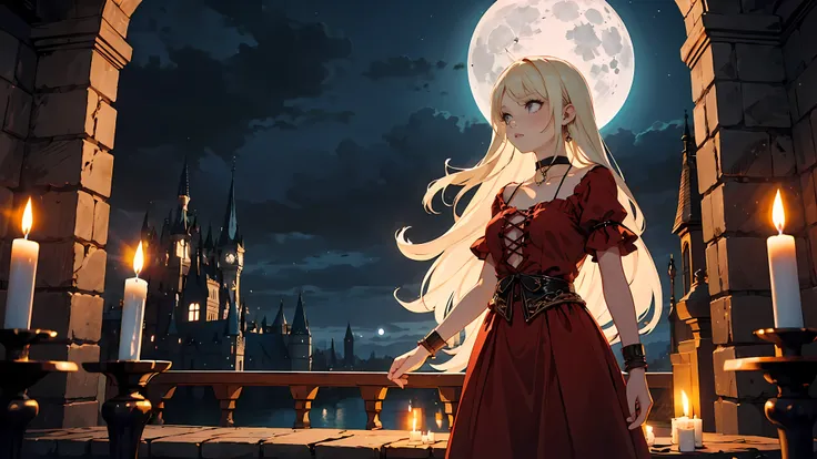 ((1girl)), long blonde hair, choker collar, bracelets, long red dress, standing, cowboy shot, gothic castle, night, nighttime, moon, moonlight, candles, candlelight, dramatic lighting, cinematic lighting, 