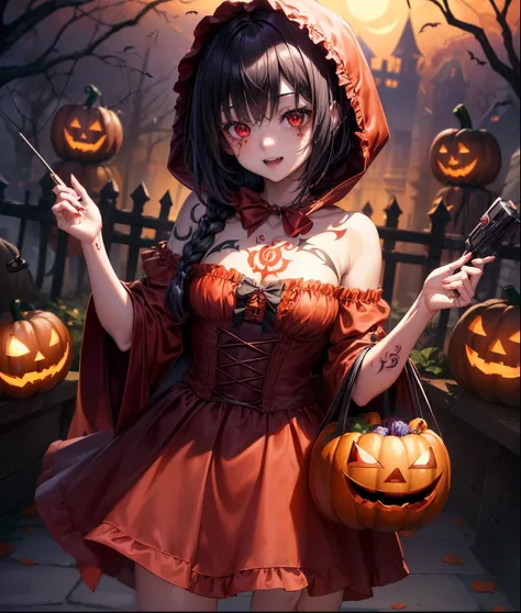 top-quality、Top image quality、in 8K,4K,​masterpiece、(NSFW:1.1)、ultra-detailliert、Beautiful、ultra-quality、adult-like、Cool、girl with(((18year old、Halloween Costumes、Little Red Riding Hood 1:3、Have a jack-o-lantern、Bust 78、silber hair、a short bob、Red Eyes、ero...