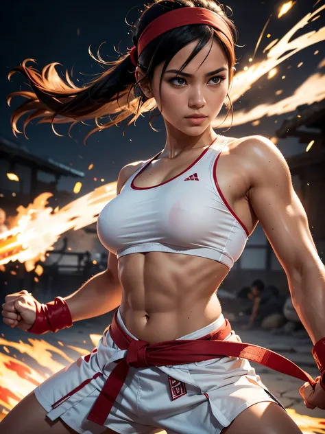 4k, best quality, realistic, detailed, Two women A female karateka wearing a white open-chested gi with a black belt around her waist and a red cloth headband on her head, and another female karateka wearing a red open-chested gi with a yellow belt around ...