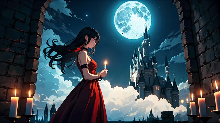 ((1girl)), long black hair, choker collar, bracelets, long red dress, standing, cowboy shot, gothic castle, night, nighttime, one moon, moonlight, candles, candlelight, dramatic lighting, cinematic lighting, 