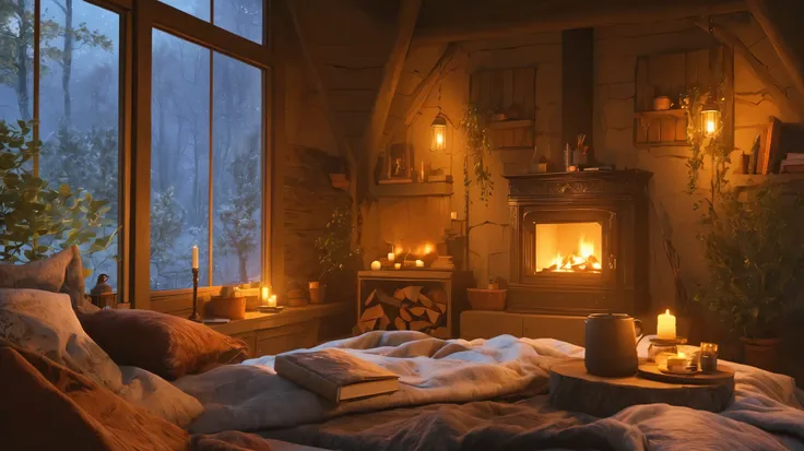 arafed room with a fireplace and a bed with pillows and blankets, cozy wallpaper, cozy place, cozy room, cozy environment, cozy ...