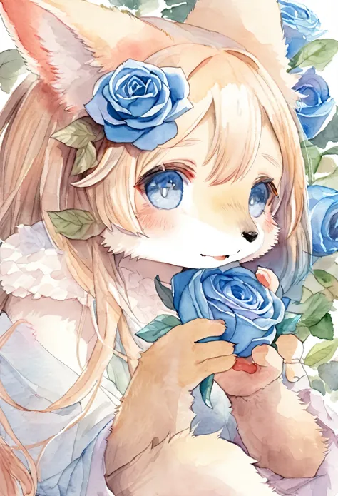 Watercolor elements, 1girl, kemono, furry, detailed body fur, animal face, animal hand, unfocused spread of Blue Rose, 