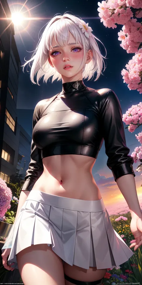 realistic, 1girl, white hair, purple eyes, glowing eyes, crop top, skirt, parted lips, blush, night, flowers, sun, sunlight,