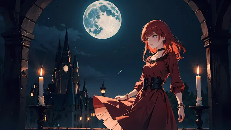 ((1girl)), long red hair, choker collar, bracelets, long red dress, standing, cowboy shot, gothic castle, night, nighttime, one moon, moonlight, candles, candlelight, dramatic lighting, cinematic lighting, 