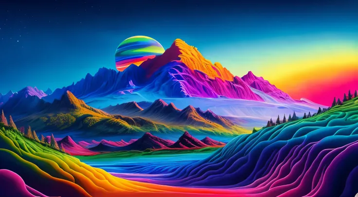 A painting of a mountain with a rainbow colored landscape, psychedelic landscape, Extraordinary colorful landscape, 4k highly detailed digital art, 4k detailed digital art, Beautiful art ultra hd 4k, Neon landscape, On a colorful alien planet, Psychedelic ...