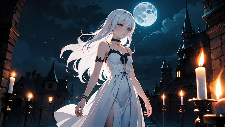 ((1girl)), long white hair, choker collar, bracelets, long white dress, standing, cowboy shot, gothic castle, night, nighttime, one moon, moonlight, candles, candlelight, dramatic lighting, cinematic lighting, 