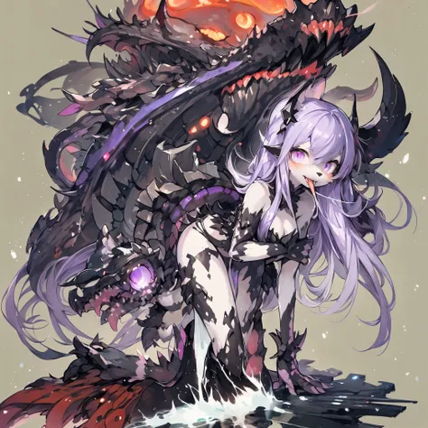 Female Dragon. KanColles abyssal fleet element. ((Furry)). A turret with mouth. double teeth. purple color. metallic black shell. Anime style.