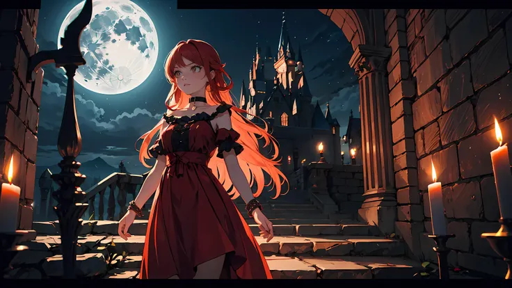 ((1girl)), long red hair, choker collar, bracelets, long red dress, standing, cowboy shot, gothic castle, archway, night, nighttime, one moon, moonlight, candles, candlelight, dramatic lighting, cinematic lighting, 