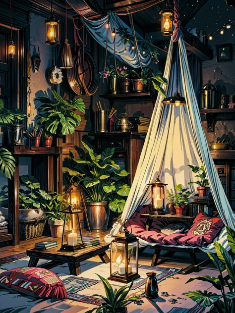 a room filled with lots of plants and furniture, cozy night fireflies, cozy and peaceful atmosphere, cosy enchanted scene, dream atmosphere, cozy atmosphere, lush plants and lanterns, cozy place, pleasant cozy atmosphere, dream scenery art, night outdoors,...