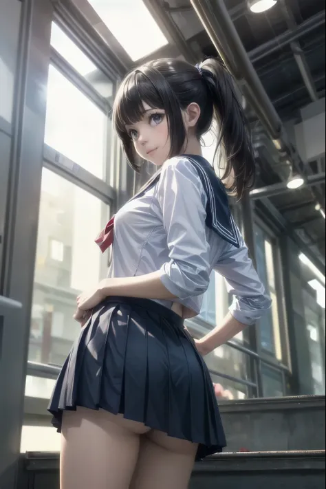 very cute and beautiful high school girl,(Highly detailed beautiful face and eyes:1.2),raw photo,realistic,loafers、sailor suit、I can see the white panties.、
smile,black hair,(mini skirt),(from below:1.2),think back,from behind,leaning forward,(cowboy shot)...