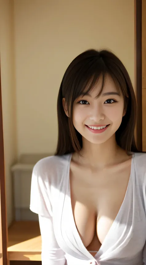 masterpiece,best quality,(Japanese ),((Beautiful girl)),cleavage,indoor,(perfect body beauty:1.2),(shy smile),beautiful teeth,