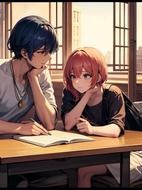 cartoon of two boys sitting at a table with a book and a backpack, an anime drawing by Naka Bokunen, tumblr, happening, ddlc, in the art style of 8 0 s anime, 9 0 s anime style, 90s anime style, in anime style, in an anime style, anime aesthetic, anime vib...