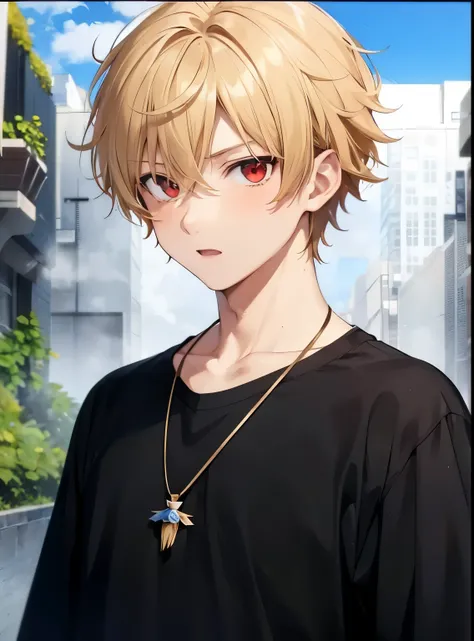 Boy, blonde hair, red eyes, short hair, messy hair, surprised expression 